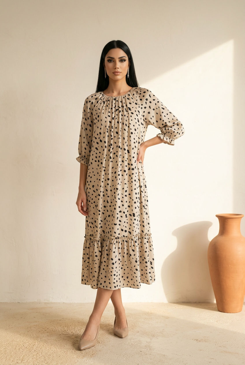 Roolee Cream And Black Dalmatian Print Tiered Midi Dress Xxs Boho Hippie Chic